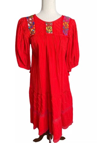 Vintage Mexikanisches Kleid Plissee rot bestickt 80er S Medium Blumen Puebla LESEN