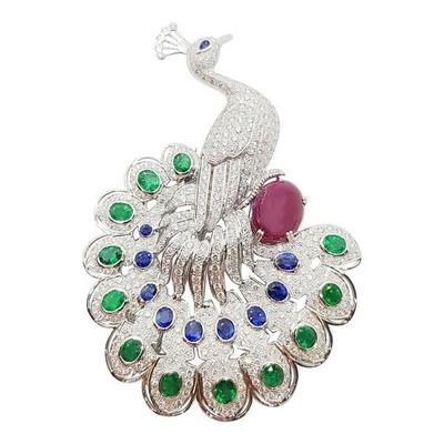 Multi Gemstone Peacock Design Cocktail Brooch 925 SS Tutti Frutti Elegant Jewel