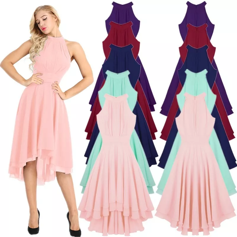 Women Halter Neck High low Chiffon Bridesmaid Dresses Formal Party Prom Ballgown