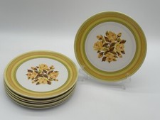 Vtg SET of 8 GENUINE MELAMINE DINNER PLATES YELLOW ROSES Made in USA 9โ Diameter