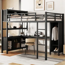 Metal Full Size Loft Bed Frame with Wardrobe /Desk /Storage Shelves Black