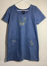Vintage Blue J. Embroidered Tropical Short Sleeve Denim Shift Dress Size Large