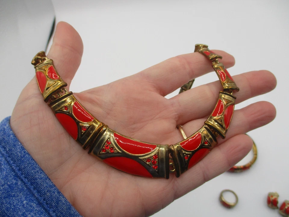 DE COLECCIÓN ESMALTE ROJO RENACIMIENTO EGIPCIO GARGANTILLA COLLAR PULSERA PENDIENTES ANILLO PARURE Foto 3 de 4