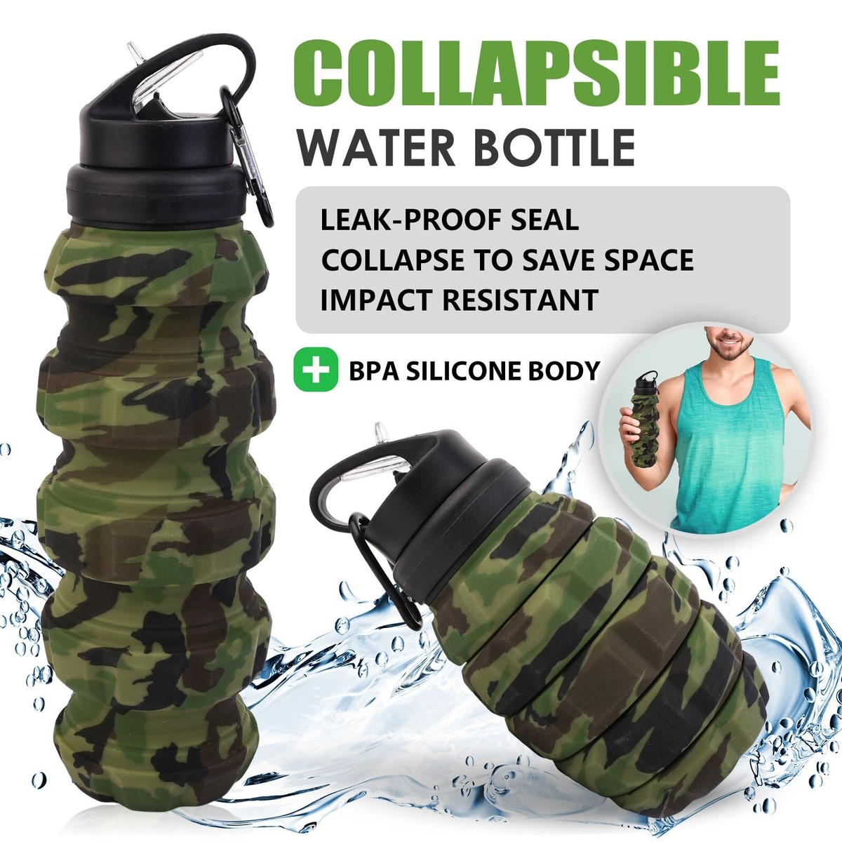 Sports Water Bottle Foldable Water Bottle Silicone Portable Reusable ...