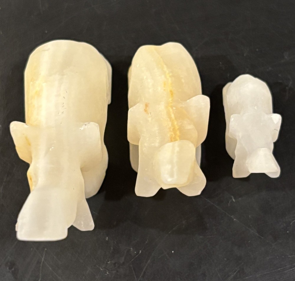 Hand Carved Elephant White Onyx Trunk Up Stone Figurine Lucky Lot Of Three