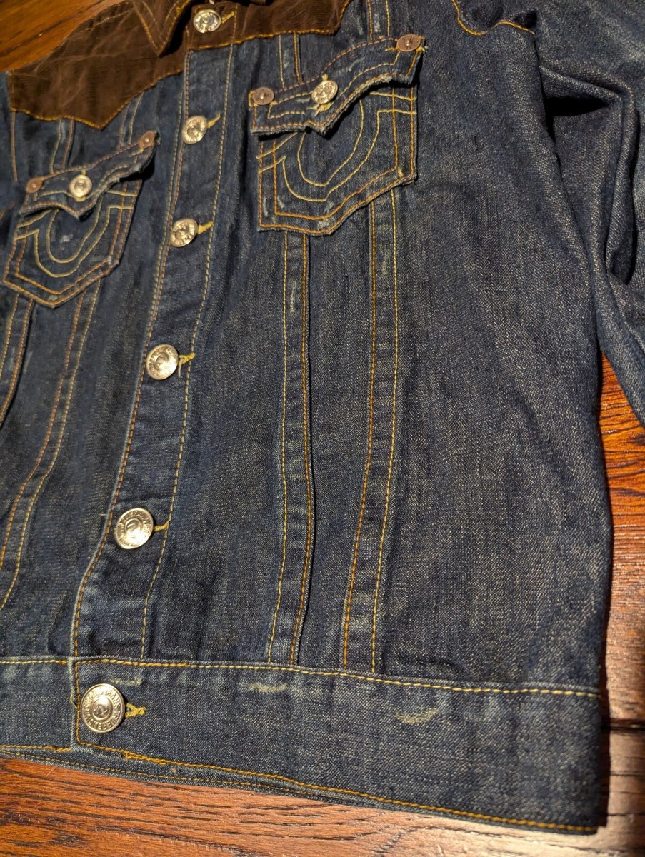 True Religion Men's Jimmy Super T Denim Jean Jacket w/ Brown True Religion Men's Jimmy Super T Denim Jean Jacket w/ Brown
