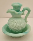 Vintage Avon Jadeite Green Swirl Milk Glass Rose Mini Bowl and Pitcher Set