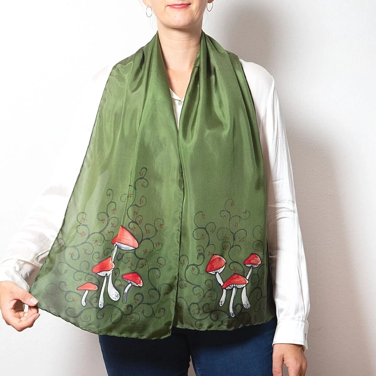 Mushroom Print Hand Painted Silk Scarf Amanita Green Silk Scarf Fall Scarf