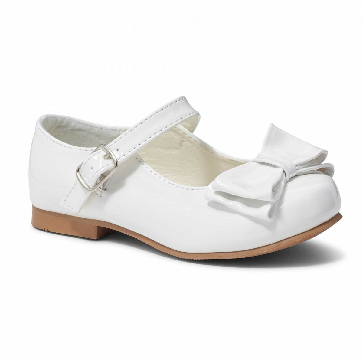 GIRLS MARY JANE BOW SHOES SPANISH STYLE FLAT PATENT OCCASION WHITE UK 6-1