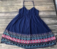 Maunces Navy Blue Floral Spaghetti Straps Lined Flaired Dress Size M Women’s