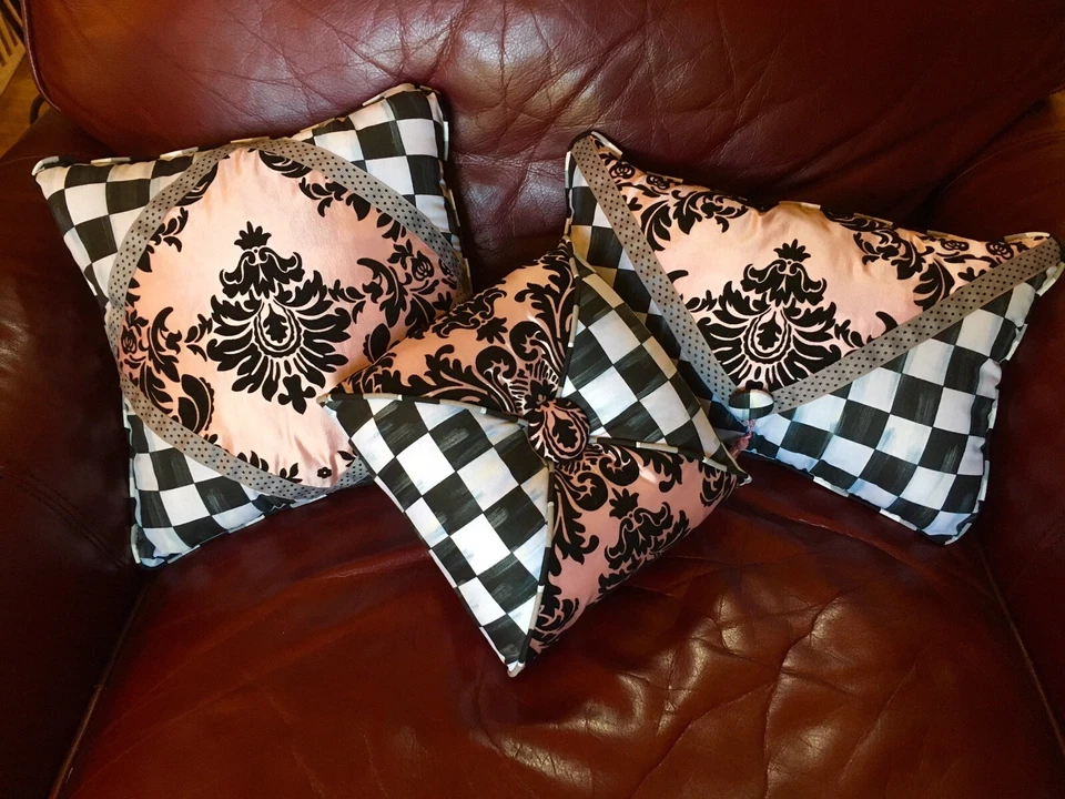 Pink Black Damask Grey Checkered Envelope Pillow Mackenzie Childs Napkin - Image 3 of 3