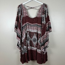 Free People Women's XS Mini Dress Burgundy Mixed Print Boho