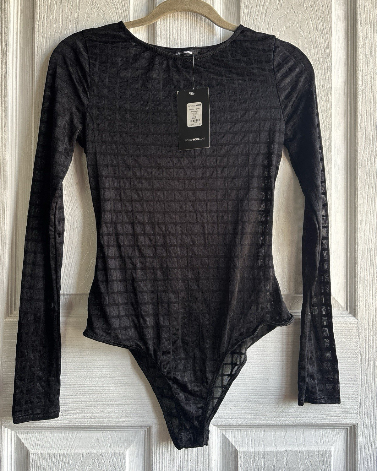 Fashion Nova Women’s Black Money Honey One-Piece Bodysuit Textured Sheer L