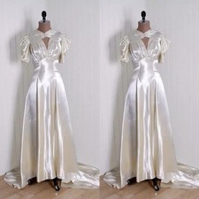 Vintage Satin Evening Gown Ivory Keyhole Neck Puff Sleeve Long Formal Dresses