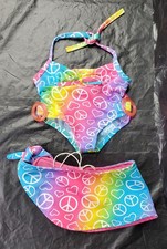 Build-A-Bear BABW Rainbow Peace Sign One-Piece Bathing Swim Suit and Wrap - GUC