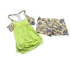 Women's XL 2 Piece Tankini Swimsuit Floral High Waist Neon Yellow Swim Set