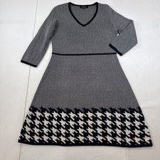 Nine West Women's Houndstooth Flare Dress Sweater Stretch Knit Shimmer Sz Large