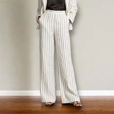 Lauren Ralph Lauren Petite 10 Ivory Linen Wide Leg Pants Stripe Summer Resort