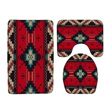 Aztec 3 Piece Bathroom Rug Sets,Western 3 Piece Rugs-16"x24"bath mat Red Teal