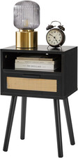 Comodino in Rattan, Tavolino Boho Con Cassetto, Ripiano Aperto, Comodino in Legn