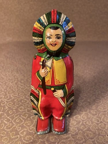 Vintage Chein Tin Litho Wind Up Native American Indian Toy USA Working