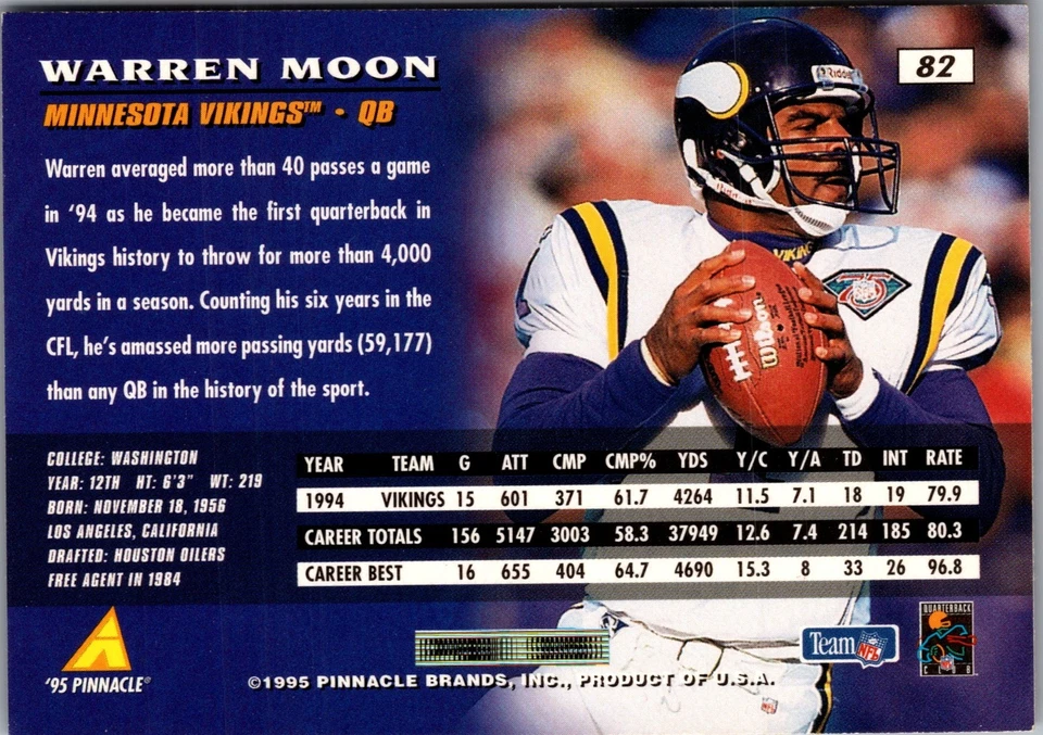 Tarjeta de fútbol americano 1995 Pinnacle #82 Warren Moon Minnesota Vikings NFL Foto 2 de 2