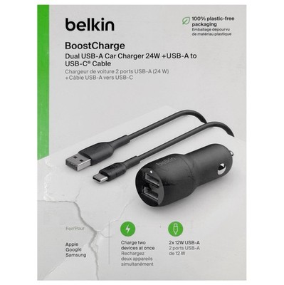 Belkin USB-A Dual Car Charger 24W With USB-C Cable (NEW/OPEN BOX)
