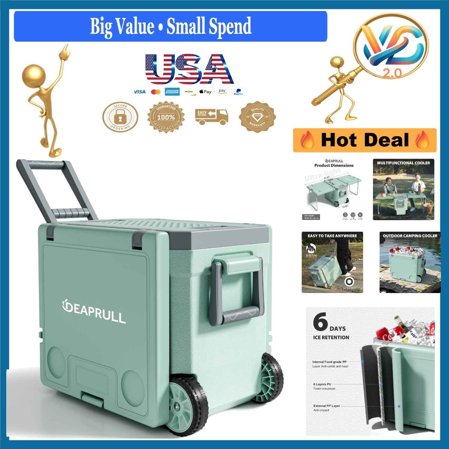 With Wheels, Portable Insulated Ice Chest, Green