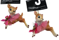 Christmas Shoppe Ornaments Reindeer Tutu Retro Style Set Deer Pink Bow NWT