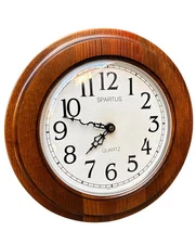 Vintage Spartus Walnut Wall Clock Round, Glass Face, Battery Powered Quartz USA