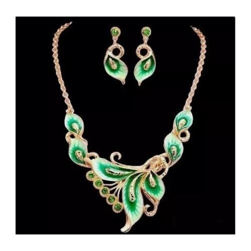 Parure bijoux plaqué or jaune et cristal avec laque verte pour femme