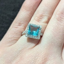 Sterling Silver Blue And Clear CZ Square Dainty Delicate Statement Ring - Size 7