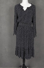 Talbots Dress Womens Medium Black Geometric Smocked Ruffle Midi Long Sleeve
