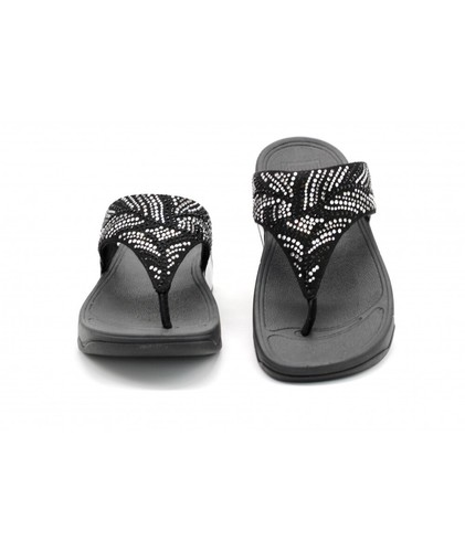 FitFlop Womens Black Sandal Lulu Crystal Feather NEW WIDER fitting Wedge Thong - Picture 6 of 8