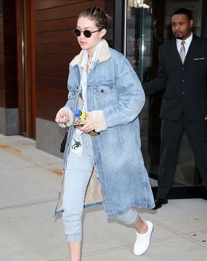 Fur Fleece Lined Women Denim Trench Coat Jacket Thicken Jean Faux