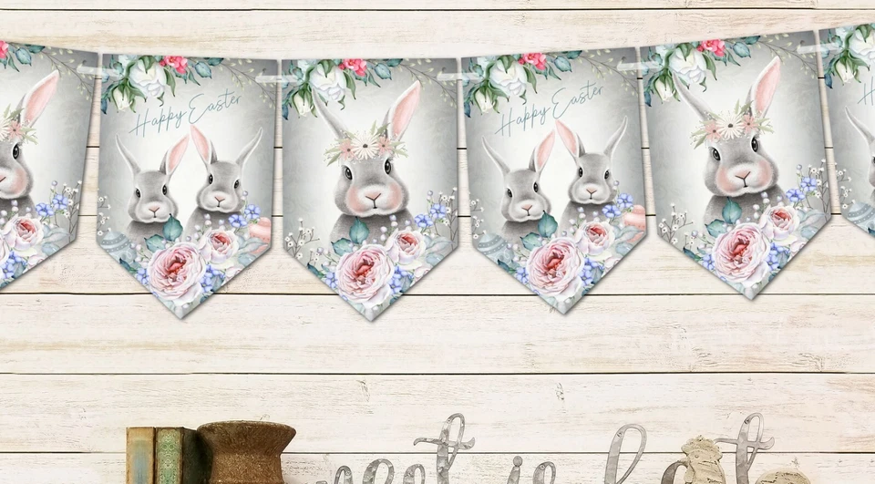 Пасхальный заяц цветочный розовый и серый флаги и ленты украшения - Изображение 3 из 4