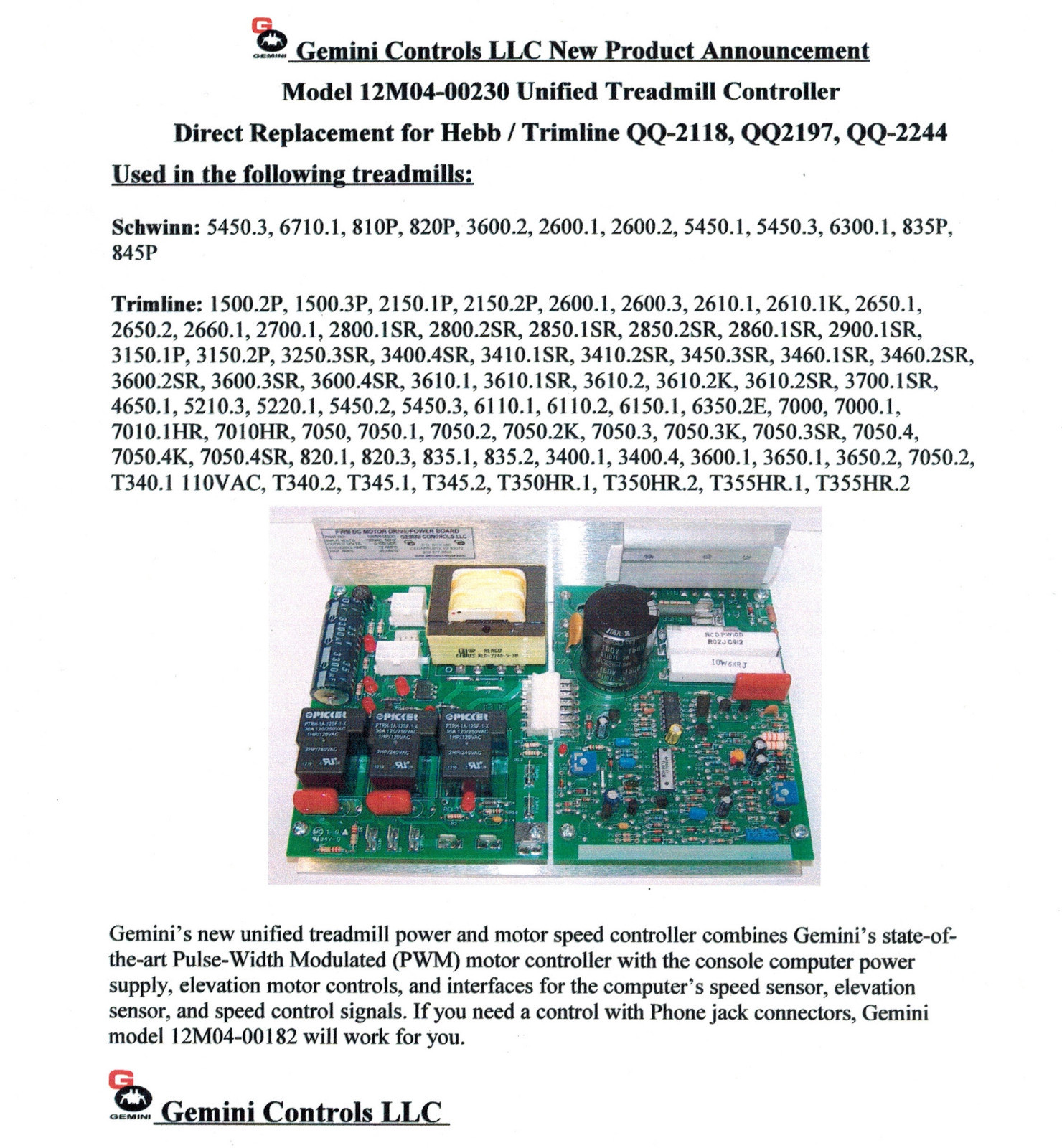 NEW Hebb Trimline QQ-2118, QQ2197 Treadmill PWM Motor Control w/ Phone  Jacks 182 | eBay