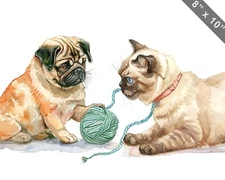 Pug and Ragdoll cat playing with a ball of yarn watercol 8x10 Print