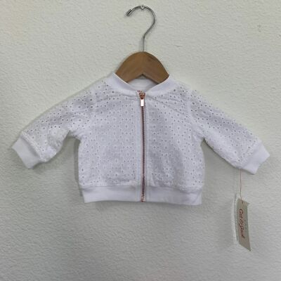 NWT Girls Size 0-3M Baby Cat & Jack Eyelet Full Zip Bomber Jacket Sweater White