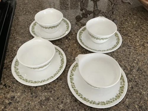Vintage Corelle Spring Blossom/Crazy Daisy hook Handle Coffee Cups & Saucers