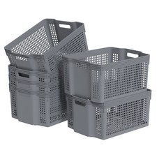 Large Plastic Cupboard Baskets, Grey Stackable Plastic Storage Baskets, 6 Pack