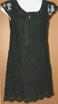 Edith & Ella Black Lace Dress Bow Neckline Cap Sleeves Sequins Lined M