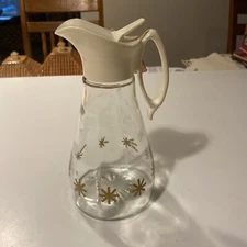 Retro Diner Vintage 1970’s Log Cabin Glass Maple Syrup Pitcher Atomic Gold Stars