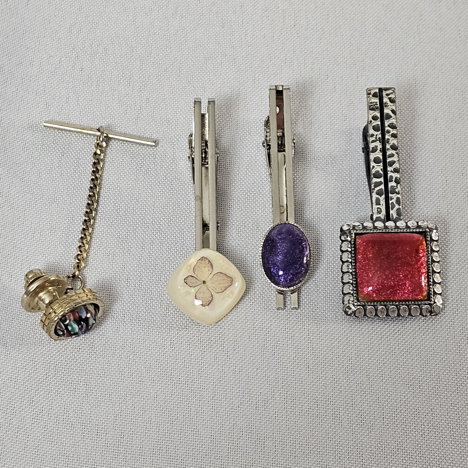 Vintage Neck Tie Bar Clips Tie Tack Accessories Lot Of 4 Real Flower Multicolor