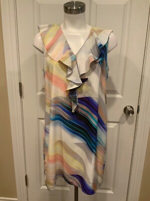 Amanda Uprichard Multicolor Striped V-Neck Silk Shift Dress W/ Ruffle, Size M