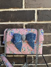 NWT Kurt Geiger Kensington MD Bow Diamond Denim Shoulder Bag multi pink blue