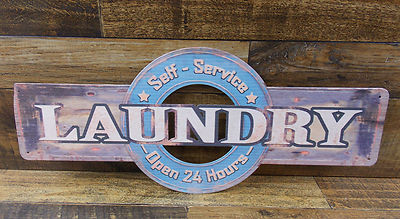 TIN SIGN SELF SERVICE LAUNDRY OPEN 24 HOURS METAL LAUNDRY SIGN SLIGHTLY DAMAGED