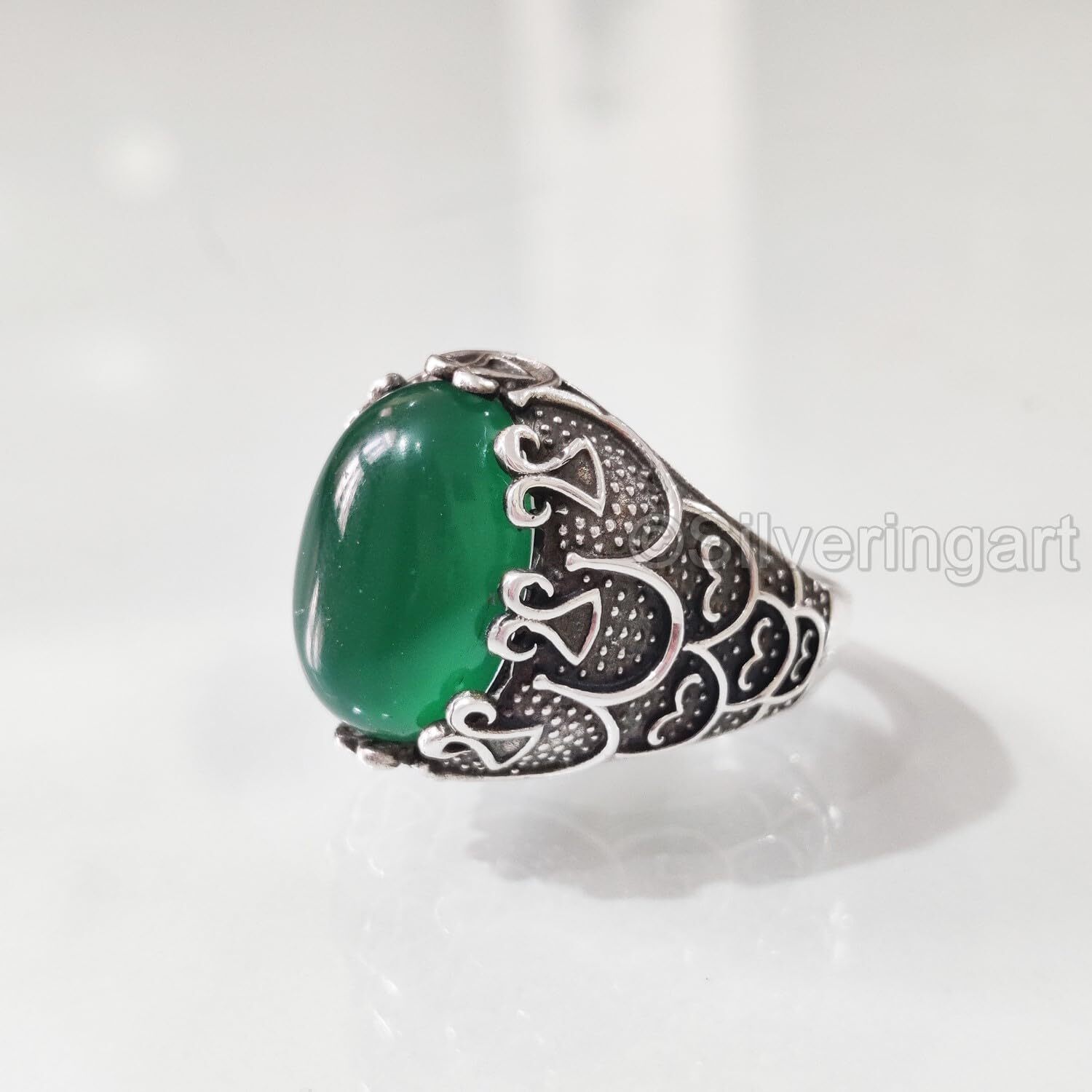 NATURAL GREEN ONYX GEMSTONE 925 STERLING SILVER OTTOMAN ARABIC HEAVY ...