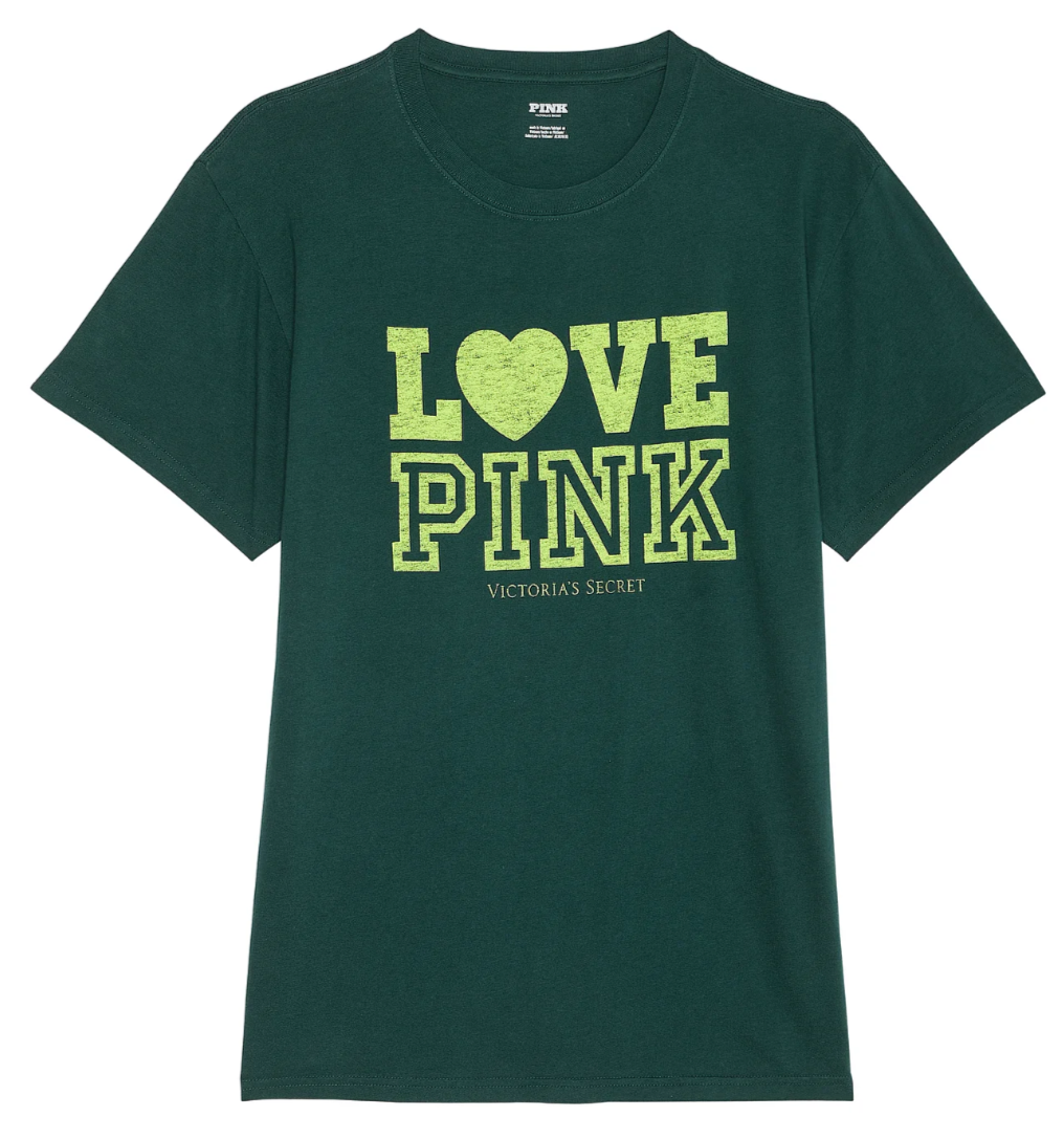 Victoria's Secret Pink Campus Tee Shirt Deep Forest Green Lime