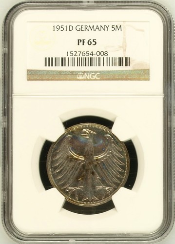 Alemania República Federal a prueba de 5 marcas. 1951-D PF65 NGC